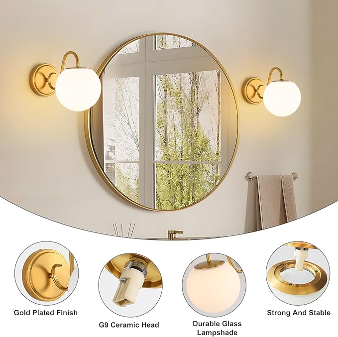 Vintage Bathroom Vanity Light Fixtures Over Mirror, Brushed Gold Vanity Lights For Bathroom With Milk White Glass Globe Shade, Wall Sconces For Bedroom, Hallway, Dressing Table(Includ G9 Bulb)