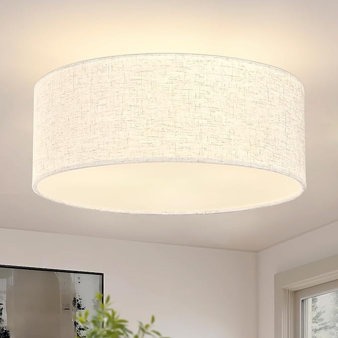 12.6 Inch Flush Mount Ceiling Light Black Close to Lights Fixture with Fabric Shade 3-Light Drum Modern Lights for Dining Room Bedroom Hallway
