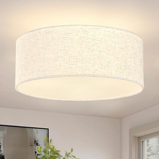 12.6 Inch Flush Mount Ceiling Light Black Close to Lights Fixture with Fabric Shade 3-Light Drum Modern Lights for Dining Room Bedroom Hallway