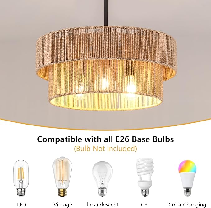 ZGKUYDBrown Boho Woven Rattan Chandelier, Adjustable Black Rod 2-Tier Drum Hanging Light, Brown Pendant Light for Dining Room/Kitchen Island