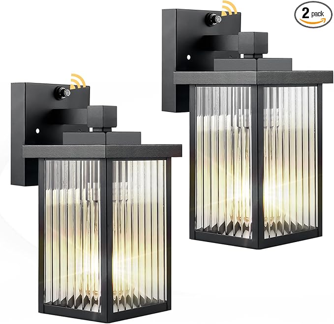 2 Pack Dusk to Dawn Outdoor Lighting, Modern Wall Sconce with Textured Glass, Waterproof IP65 Exterior Light Fixture, Soft Glow Warm Ambiance for Front Door Porch Garage, 10.6 Inch Height, Black