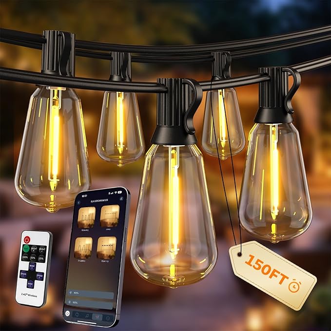 Outdoor String Lights, 150ft Patio Lights for Outside, Smart App & Remote Control with Timer, Dimmable with 4 Scene Modes, Warm White Waterproof LED Bulbs for Garden, Yard and Backyard Decor