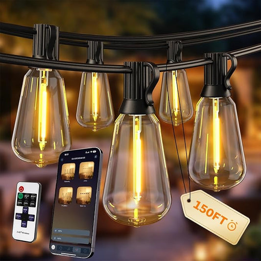 Outdoor String Lights, 150ft Patio Lights for Outside, Smart App & Remote Control with Timer, Dimmable with 4 Scene Modes, Warm White Waterproof LED Bulbs for Garden, Yard and Backyard Decor