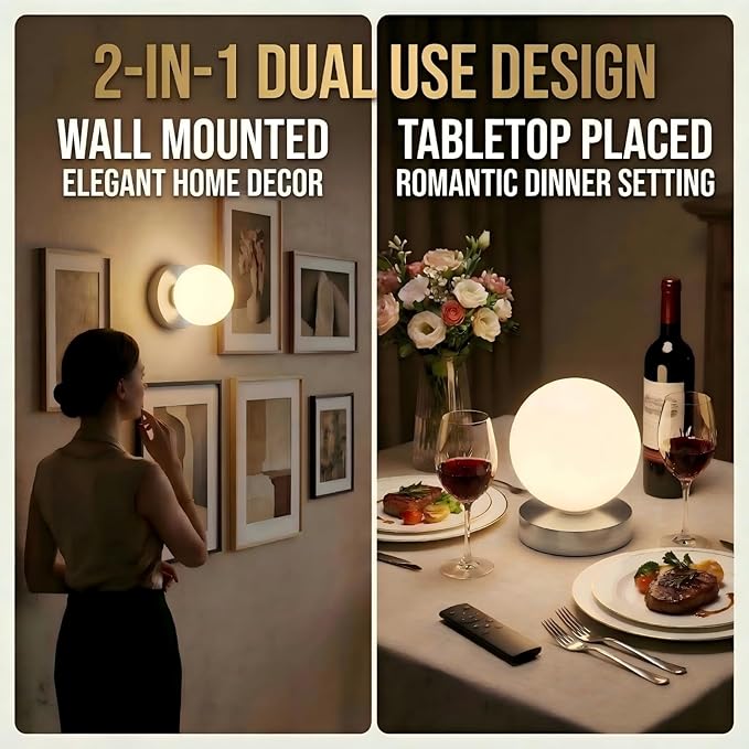 Battery Operated Wall Sconce, Dimmable Wireless Brushed Nickel Wall Lamp with 5200mAh Rechargeable Battery, Portables Cordless Wall Light Fixtures for Painting Living Room Bedroom Hallway