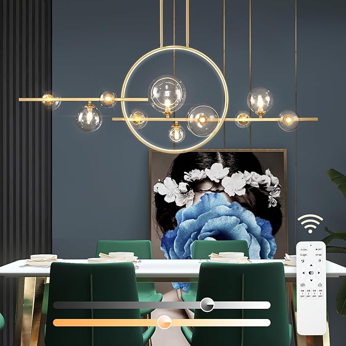 KELUOLY 10-Light Gold Kitchen Island Light, 54" Modern Dimmable Mid-Century Dining Room Chandelier, Linear Sputnik Pendant Lights with Globe Clear Glass Shade for Dining Room Kitchen Island, bar