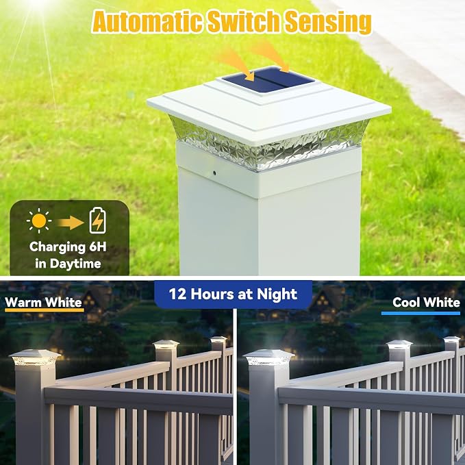 APONUO Solar Post Lights Outdoor, 2 Lighting Modes 16 LEDs Solar Post Cap Lights for 4x4 5x5 6x6 Vinyl Wooden Posts Waterproof Fence Posts Light Solar Powered for Deck/Fence/Porch (White,12 Pack)