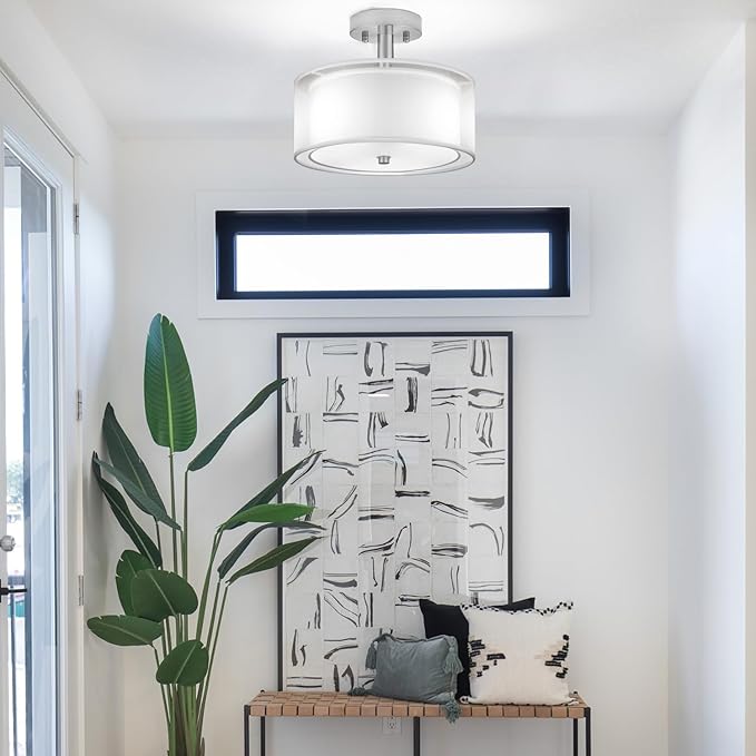 FOLKSMATE 3-Light Semi Flush Mount Ceiling Light Fixture, 16 Inch Drum Light with Double Fabric Shade, Modern Close to Ceiling Lamps for Dining Room Kitchen