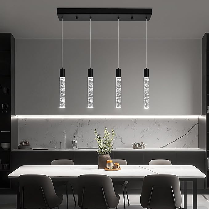 4-Light Matte Black Integrated Crystal Pendant Chandelier,Dimmable LED Ceiling Light with Adjustable Height for Kitchen Island, Dining Room & Bedroom 3000K -6000K