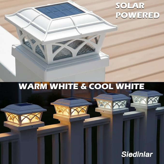 SIEDiNLAR Solar Post Cap Lights Outdoor Glass 2 Color Modes 8 LEDs for 4x4 5x5 6x6 Posts Fence Deck Patio Decoration Warm White & Cool White Lighting White (4 Pack)