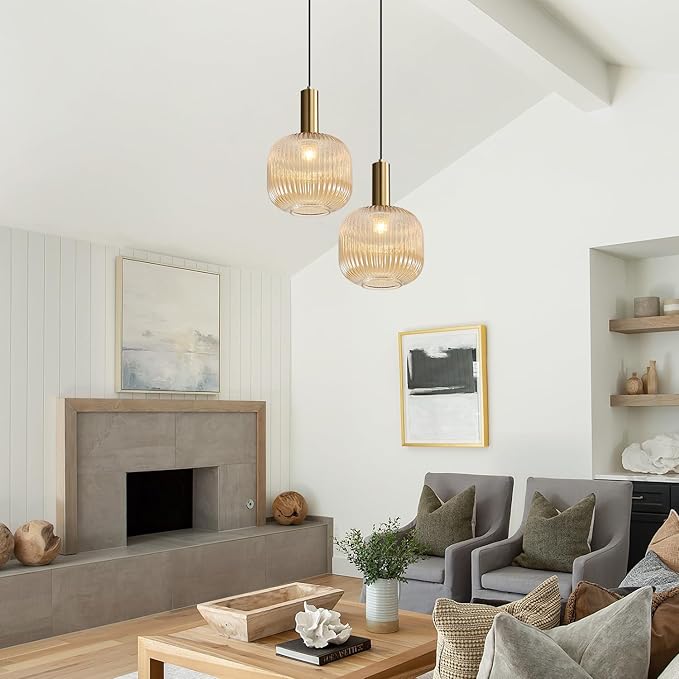 BOKT Modern Large Amber Glass Globe Pendant Light Fixture Brushed Brass Gold Kitchen Island Pendant Lighting Farmhouse Single 1-Light Spherical Ceiling Hanging Pendant Light (Amber)