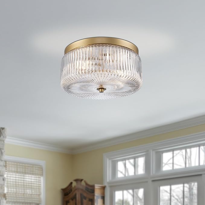 Ashbourne Semi Flush Mount Ceiling Light, Modern Gold Finish with Clear Ribbed Glass Shade, Mid-Century Drum Fixture for Bedroom, Kitchen, Hallway, Dining Room & Entryway, E26 Base