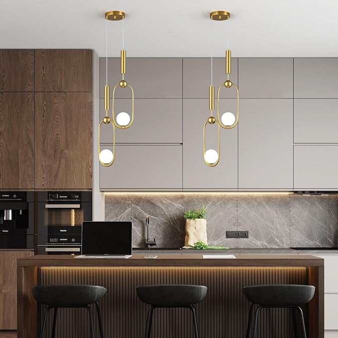 Modern Oblong Glass Pendant Light fixtures 2-Light, Simplicity Gold Pendant Lighting, Mid Century Chandelier for Kitchen Island Dining Room Bedroom Entryway Hallway(1-Pack)