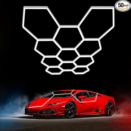 LZHOME Hexagon Garage Light Fixture 48 Packs: 52800LM Super Bright Honeycomb Led Ceiling Lights, 5000K Natural White, Hexagon Light for Garage Basement Warehouse Gym Car Detailing Shop etc