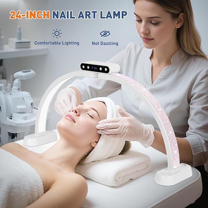 KIRKAS 24in Half Moon Light for Nail Desk with Phone Holder, Nail Desk Lamp Adjustable Color Brightness, Arch Nail Tech Light with Display Screen for Manicure, Craft, Esthetician (Diamond,White Small)