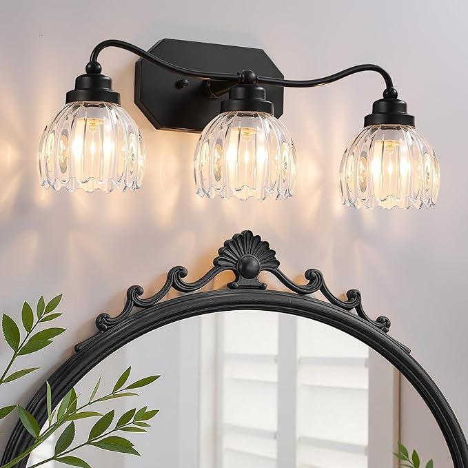 Vintage Bathroom Light Fixtures, 3 Light Bathroom Vanity Light, Black Matte Antique Brass Finish with Crystal Glass Shade, Mid Century Wall Sconces for Bedroom, Living Room, Hallway