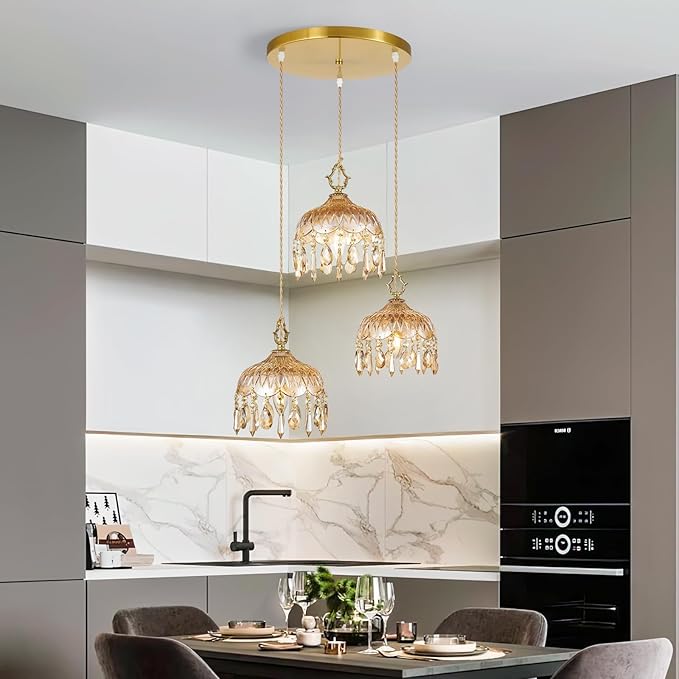 3-Light Glass Pendant Light Crystal Hanging Light Fixtures,Brass Vintage Amber Glass Pendant Lights for Kitchen Island Dining Room Living Room Bedroom Hallway(Amber,Round Chassis)