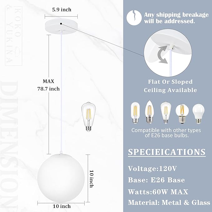 KoKo&Yukina 10 Inch Pendant Light White Globe Pendant Lights Kitchen Island Mid Century Light Fixture Adjustable Globe Pendants Lights with Milky White Glass Shade for Dining Room Living Room