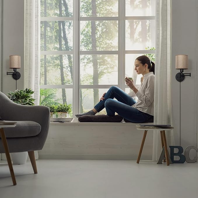 CADUKE Wall Lamps Plug in, Swing Arm Wall Sconce Set of 2 with Light Brown Lampshade, Modern Bedroom Wall Lights Fixtures, Bedside Wall Reading Lights