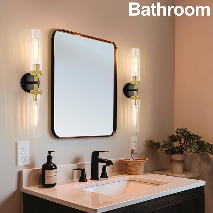 LaLuLa Black and Gold Vanity Light Fixtures – Modern Hardwired Dual-Light Wall Sconces with Rippled Glass Shades, Textured Metal Bathroom Lighting for Over Mirror or Hallway, 25" Height