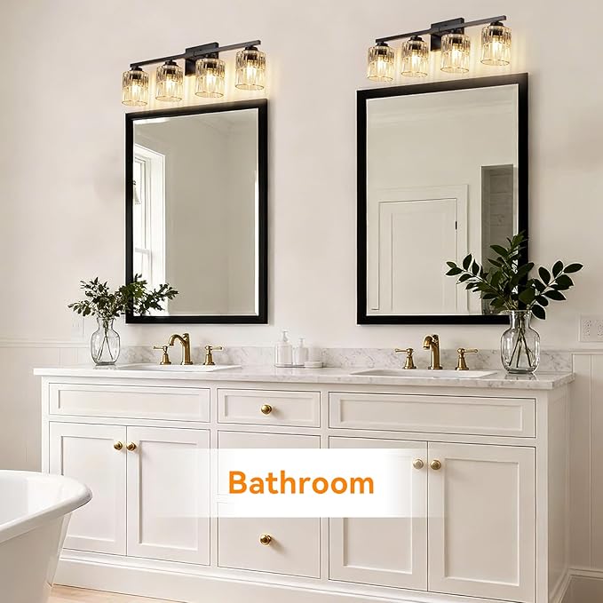 TALOYA 27 Inch Brushed Black Bathroom Light Fixtures with Thickend Clear Tapered Glass Shade, 4-Light Modern Vanity Light Over Mirror for Bathrooms, Bedrooms (Bulbs Not Included)