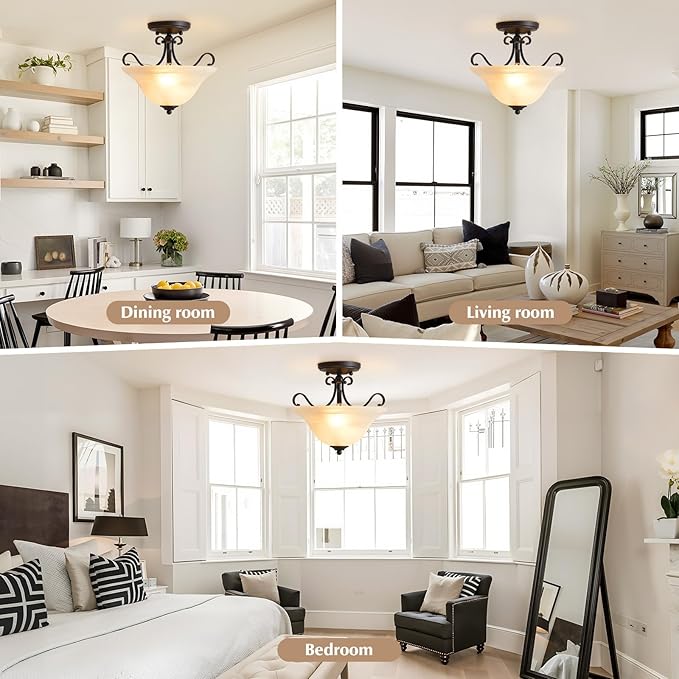 Luvkczc Retro Semi Flush Mount Ceiling Light,Black Ceiling Light Fixture, Mid Century Ceiling Light Modern Glass Close to Ceiling Light for Bedroom Kitchen Porch Hallway,Bulbs Not Included