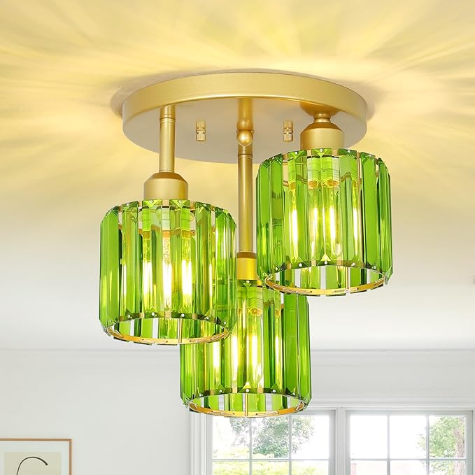 Green Crystal Close to Ceiling Light Fixtures,3-Light Modern Semi Flush Mount Ceiling Light,Kitchen Light Fixture with Crystal Shades,Hallway Lighting Fixture for Entryway Bedroom Bathroom