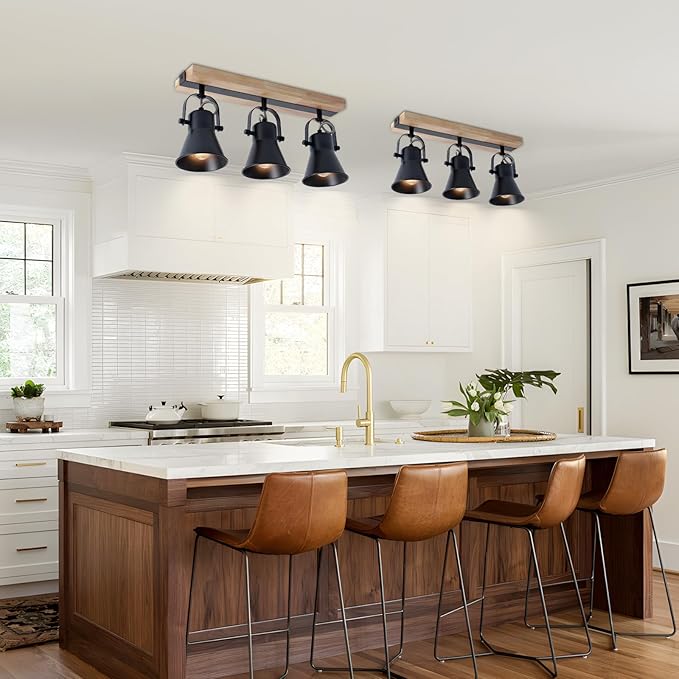 SEEBLEN 3-Lights Track Lighting Fixtures Ceiling，Farmhouse Wood Flush Mount Ceiling Light, Multi-Directional Kitchen Sink Light, Rustic Track Lighting for Kitchen Living Room, Dining Table, Foyer