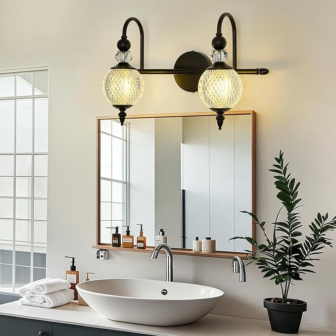 Vintage Vanity Light 2 Lights Black Bathroom Light Fixtures Over Mirror with Acrylic Globe Shade