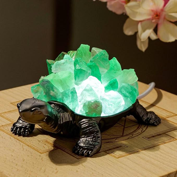 Runyangshi Natural Green Fluorite Turtle Night Lamp Healing Crystal Bedroom Bedside Table Lamp USB Port Home Decoration Women Men Decor Gift