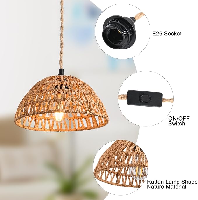 Plug in Pendant Light, Industrial Hanging Light with Plug in Cord Hemp Rope On/Off Switch Farmhouse Pendant Lamp with Plug in Cord, Vintage Hanging Lamps for Dining Room