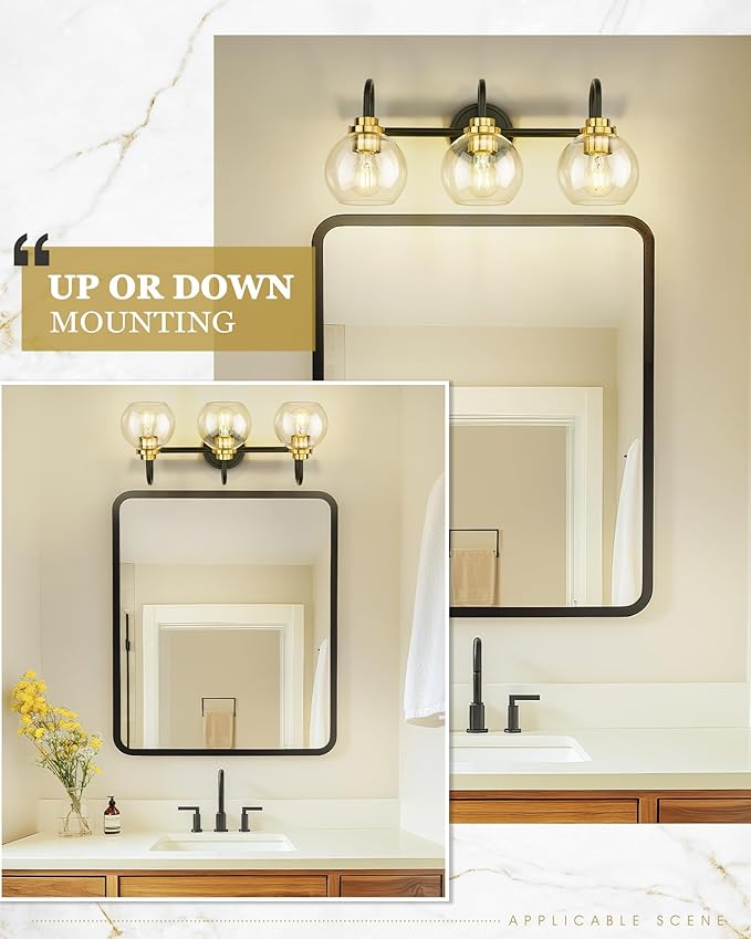 Bathroom Light Fixtures, 3-Light Black and Gold Vanity Lights with Globe Clear Glass, Modern Vanity Lighting Fixtures Over Mirror, AD-22280-3W-KG
