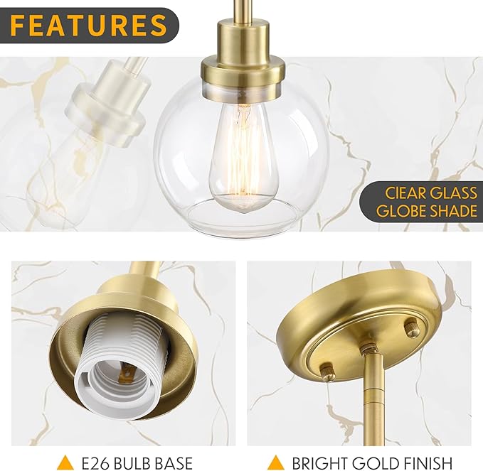gernehop 2 Pack Globe Pendant Light Gold Mid Century Modern Light Fixture, Clear Glass Pendant Lights Kitchen Island Pendant Lights Brushed Brass Finished with Clear Glass Lampshade