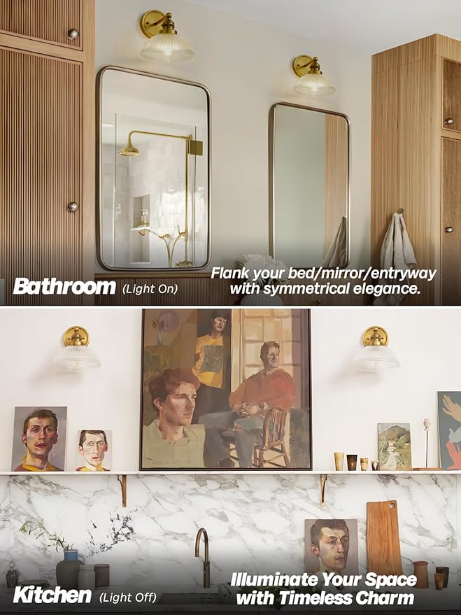 Gold Wall Sconce,Vintage Bathroom Vanity Light with Clear Glass Brass Bathroom Sconces Wall Lighting for Living Room Bedroom Hallway Stairway E26 Hardwire Indoor