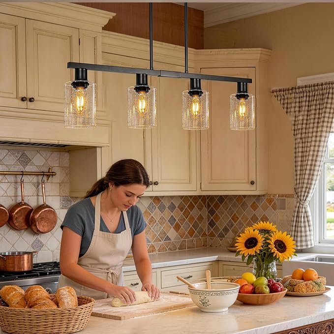 4-Light Kitchen Island Lighting, Black Simplicity Bar Island Lights for Kitchen, Farmhouse Chandelier with Adjustable Height & Seeded Glass Shades, Linear Hanging Dining Room Light Fixture Over Table