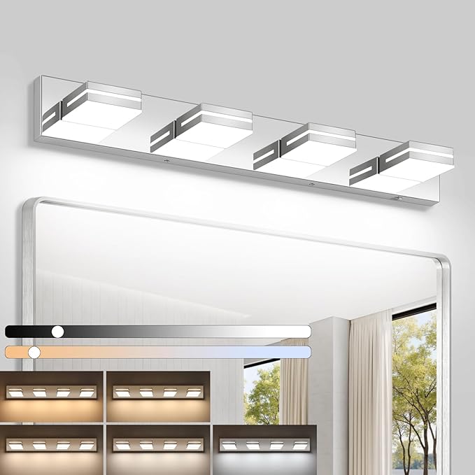 Bathroom Vanity Lighting Fixtures Over Mirror (4-Light, 30-Inch) Dimmable Modern LED Bathroom Wall Lighting Fixtures, Chrome ((3000K/3500K/4000K/5000K/6000K)