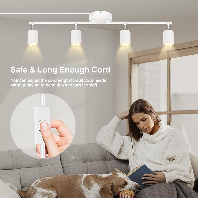 Plug in Track Lighting LED, Track Lighting Fixtures Ceiling, White 4-Light Kitchen Light Kit, Plug in Wall Light with 14.8ft Power Cord, Rotatable Ceiling Spotlight for Bedroom(GU10 Socket, NO Bulb)