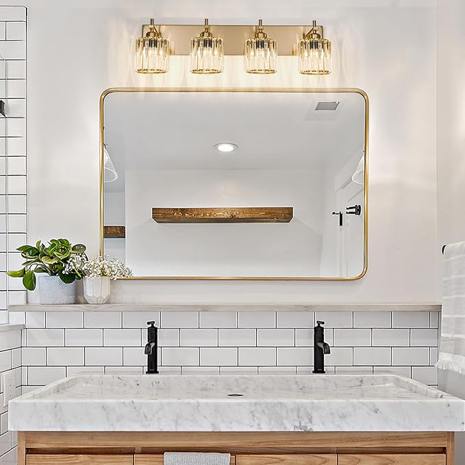 Modern Crystal Bathroom Vanity Lights, Gold 4-Lights Bathroom Light Fixtures Over Mirror, Crystal Wall Lighting with Polished Gold Finish