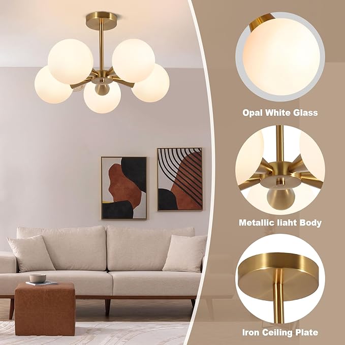 Bektas 5-Lights Semi Flush Mount Ceiling Light Fixture Brushed Gold Light Fixture Straight Bar Modeling with Milk Glass Globe for Bedroom,Living Room, Dinning Room Foyer Hallway