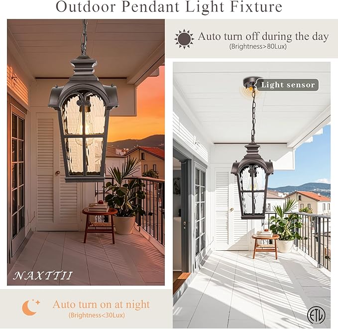 18.5 Inch Large Outdoor Pendant Lights Waterproof Aluminum Hanging Lantern Light with Water Ripple Glass Oil Rubbed Bronze Outdoor Chandelier for Porch Yard Gazebo