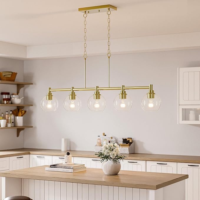 VONLUCE Dining Room Light Fixture Over Table, 5-Light Kitchen Island Lighting with Round Glass Shades & Adjustable Hanging Heights, Linear Chandlier for Dining Room Kitchen, Gold, ETL Certificated