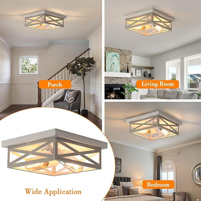 2 Pack White Flush Mount Ceiling Light, Farmhouse Ceiling Light Fixtures, 2-Light Rustic Metal Finish Industrial Kitchen Light Fixture for Bedroom, Hallway Light