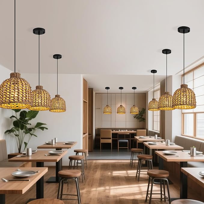 Mini Rattan Pendant Light Fixtures,9.06" Boho Pendant Light,3-Pack Hand Woven Seagrass Rattan Chandelier for Dining Living Bedroom Kitchen Farmhouse