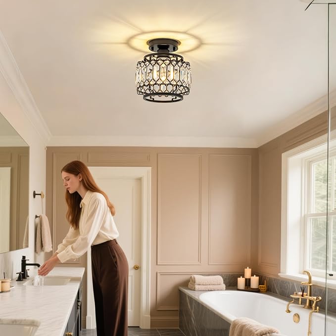9" Modern Black Crystal Flush Mount Light - 50% Brighter LED, Dimmable Chandelier - Reinforced Iron Frame & K9 Crystals - Easy Install for Bedroom, Kitchen, Hallway