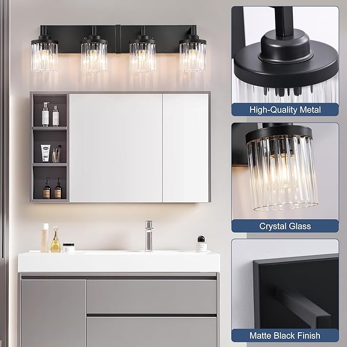Modern Crystal Bathroom Light Fixtures, 4 Light Black Farmhouse Vanity Lights, with Crystal Glass Shade, Industrial Bathroom Lighting Fixtures Over Mirror Wall Light for Bedroom Living Room