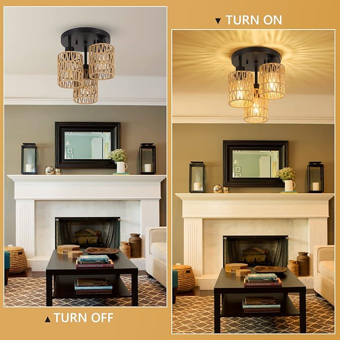 3-Lights Boho Light Fixtures Ceiling Mount, Farmhouse Rattan Chandelier, Hand Woven Cage Shade Semi Flush Mount Ceiling Lights for Bedroom Foyer Entryway Kitchen, Hallway Rattan Light Fixtures Ceiling