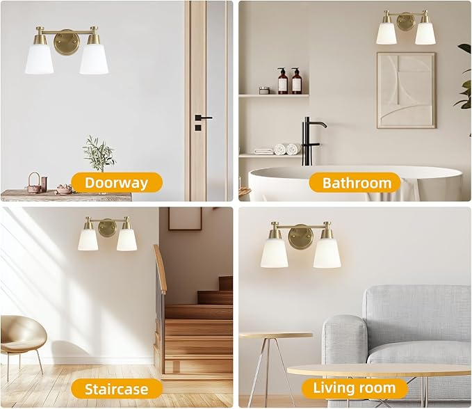 2-Light Bathroom Vanity Light, Gold Finish with Milk Glass Shades, Over Mirror, for Bathroom Vanity