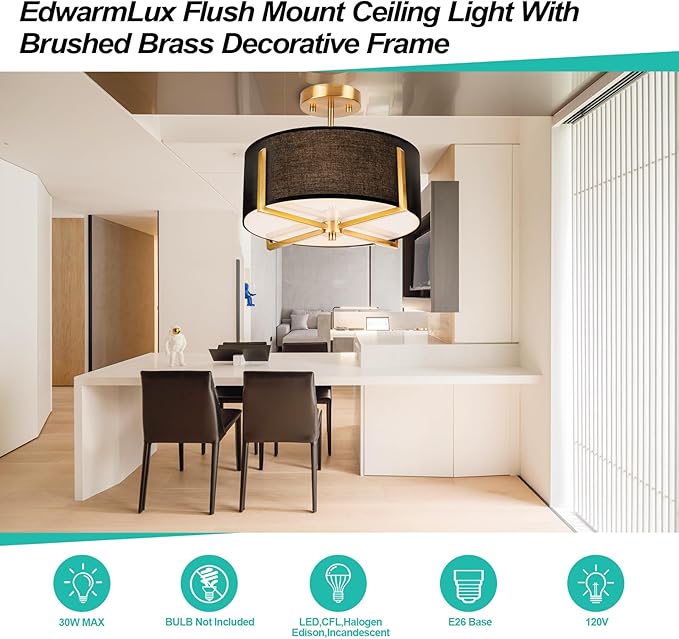 Edwarmlux 3-Light Semi Flush Mount Ceiling Light Fixture, 13.7" Gold Drum Light with Black Fabric Shade, Modern Close to Ceiling Lamp for Living Room Bedroom Dining Room Kitchen Hallway Entry Foyer