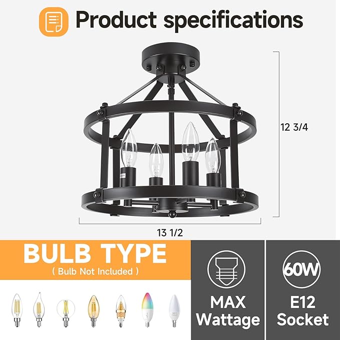 13.5 Inch Black Farmhouse Semi Flush Mount Ceiling Light Fixture,4-Light Rustic Ceiling Mount Lights, Industrial Flush Mount Ceiling Lighting for Kitchen Bedroom Hallway Dining Room Laundry Room