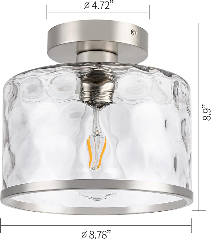 Zlepmlla Modern Semi Flush Mount Ceiling Light with Industrial Clear Hammered Glass Lampshade, Farmhouse Ceiling Lights fixtures in Satin Nickel for Hallway Kitchen Bathroom Bedroom