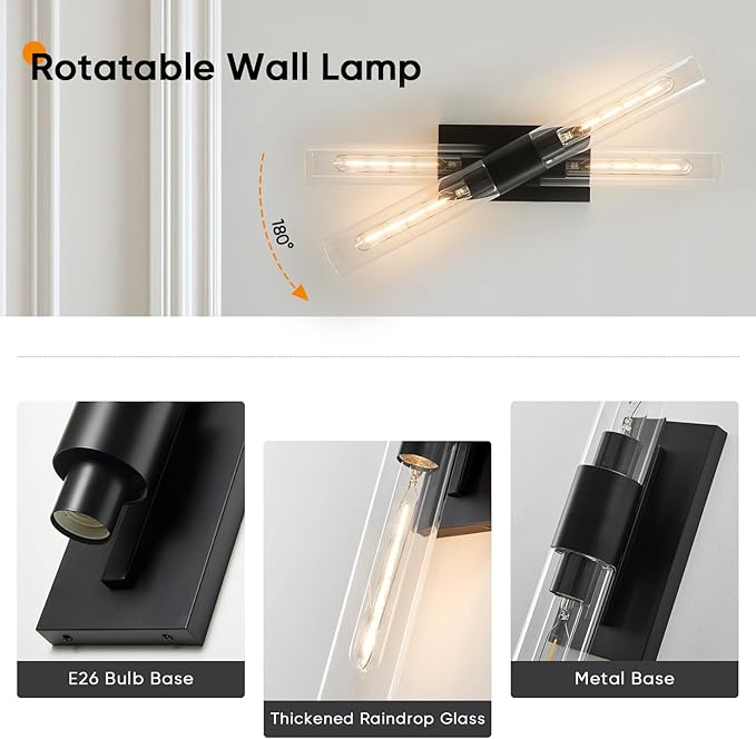 24.8" L Wall Sconces Set of 2, Black Wall Lights Fixtures Morden Cylinder Wall Light for Bathroom Vanity Light Indoor Wall Mounted Lamps for Living Room,Bedroom,Hallway